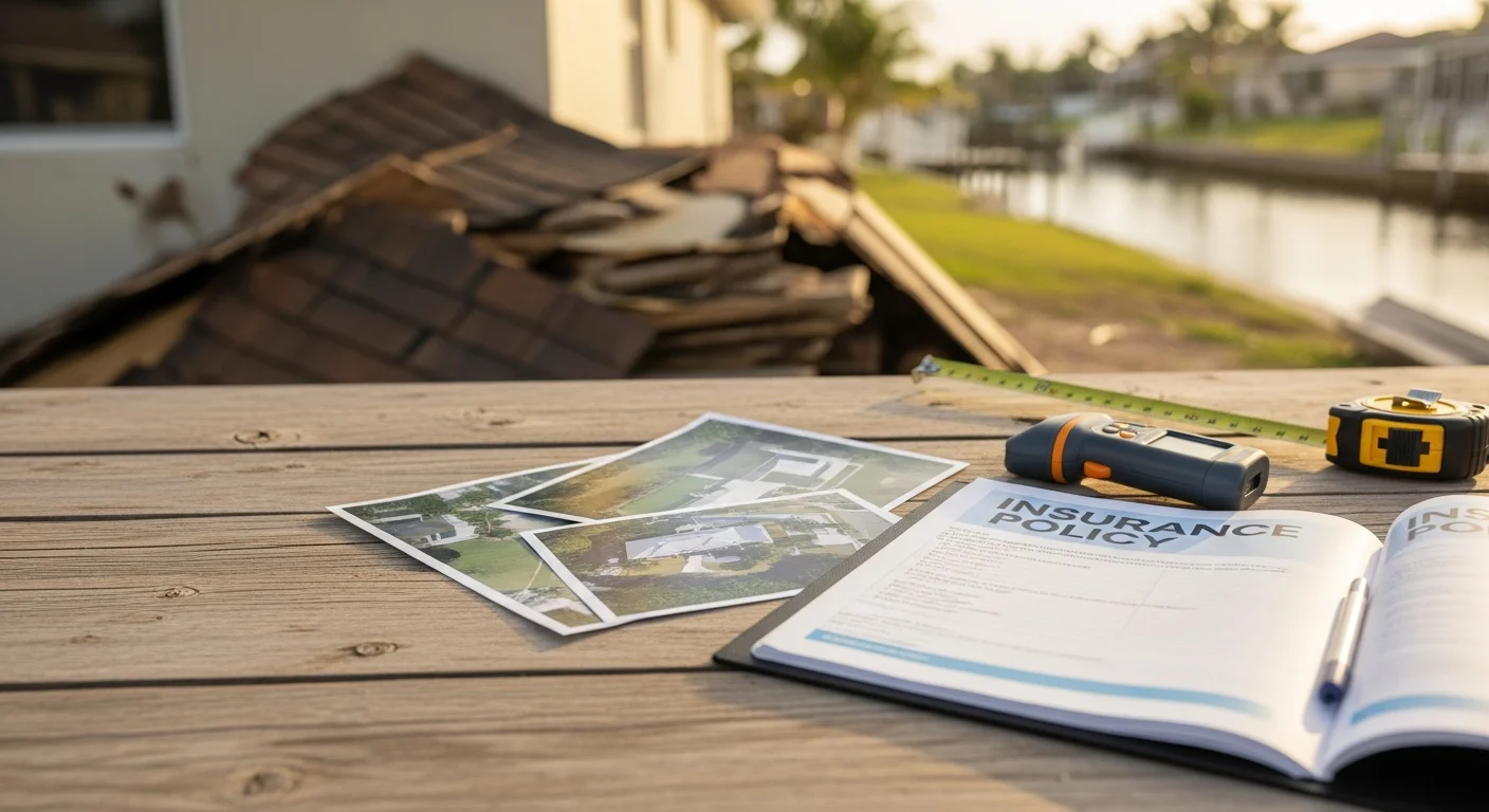 A licensed public adjuster inspecting storm damage on the roof of a single-family home in Cape Coral, Florida. The adjuster documents wind and water intrusion damage on a canal-area property following a hurricane.