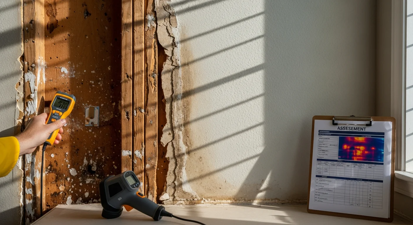 A property damage consultant examining water-stained drywall and warped flooring inside a Cape Coral home following storm-related water intrusion. The assessment documents moisture damage along the base of interior walls in a single-story residential property.