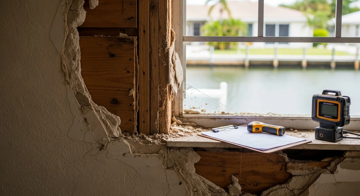 A property damage restoration consultant reviewing exposed wall framing and structural connections inside a Cape Coral home following hurricane wind and storm surge damage. Visible moisture staining and compromised load-bearing components are shown during a post-storm structural damage evaluation.